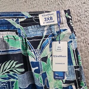 NWT Caribbean Swim Shorts Trunks Men's 3XB Lined Zip Pocket Leaf Geometric Print